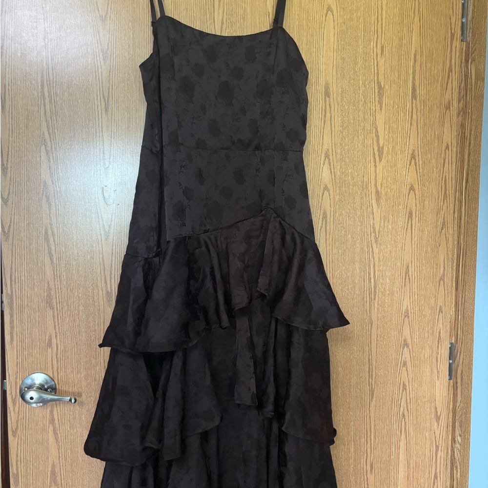 Francesca's Collections Dark Brown Asymmetrical Tiered Ruffle Dress